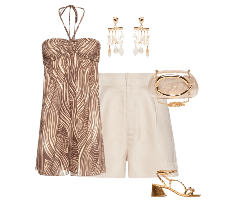Short Feminino Com Linho Chino Bege Animale ; Brinco Feminino Madrepérolas Laguna Off White Dress To ; Túnica Feminina Tule Estampa Som Do Mar Marrom Dress To ; Sandália Feminina Metalcolor Dourado Luiza Barcelos ; Bolsa Feminina Clutch Perolada Com Detalhe Orgânico Metalizado Bege Market 33
