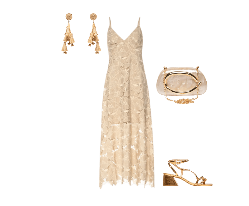 Sandália Feminina Metalcolor Dourado Luiza Barcelos ; Brinco Feminino Palha Verdejar Bege Dress To ; Bolsa Feminina Clutch Perolada Com Detalhe Orgânico Metalizado Bege Market 33 ; Vestido Mel Bege Le Lis