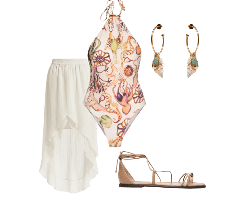 Brinco Feminino Conchas Marés Dourado Dress To ; Saia Clarice Off White Triya ; Sandália Feminina Salto Rasteiro Marrom Schutz ; Maiô Decote Halter Fundo Do Mar Cru Off White Animale Resort
