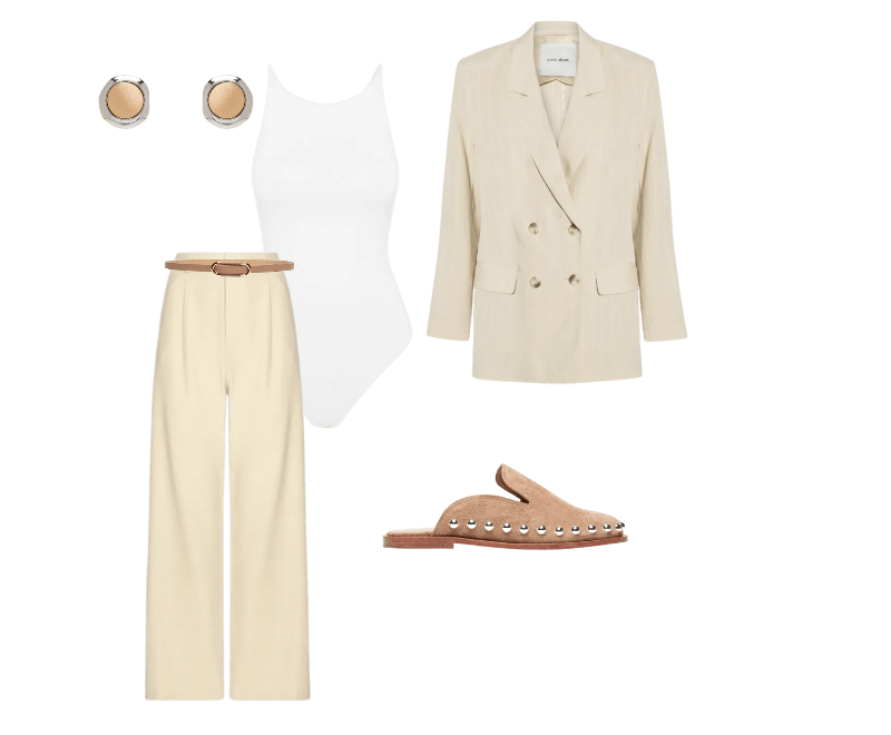 Calça Feminina Slim Com Pregas Bege Basiq ; Body Feminino Em Malha Off White Market 33 ; Blazer Feminino De Alfaiataria Fio Tinto Bege Animale Jeans ; Cinto Feminino Em Couro Com Fivela Arredondada Bege Market 33 ; Brinco Feminino Metal Misto Escovado Dourado Basiq ; Mule Feminino Camurça Bege Vicenza