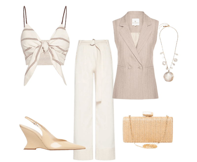 Colar Feminino Madrepérolas Laguna Off White Dress To ; Bolsa Feminina Clutch Em Palha Bege Basiq ; Colete Feminino Aurora Bege Le Lis ; Calça Feminina Pantalona Com Cinto Bege Basiq ; Sandália Feminina Siena Buckle Verniz Bege Schutz ; Top Cropped Double Off White Lança Perfume