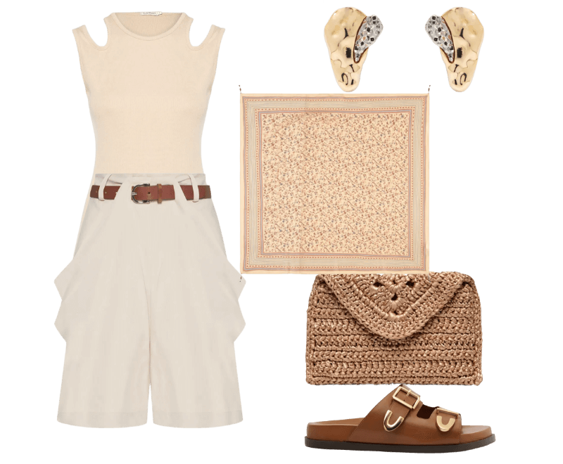 Bolsa Feminina Carteira Amie Bege Catarina Mina ; Lenço Feminino Estampa Fleur Bege Maria Filó ; Regata Feminina Jeje Bege Le Lis ; Brinco Feminino Gota Orgânica + Druza Metal Fixo Duo Ouro Mix Dourado D'santis Joias ; Arezzo  ; Short Feminino Prega Alfaiataria com Cinto Bege Animale Jeans