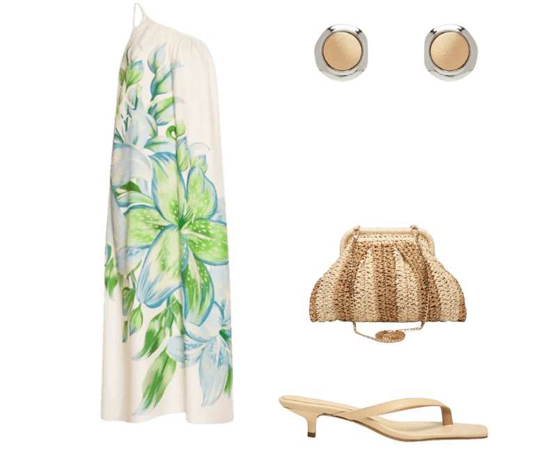 Bolsa Feminina De Palha Bicolor Bege Market 33 ; Sandália Feminina Grease Bege Luiza Barcelos ; Vestido Longo Lírio Tropical Bege Farm ; Brinco Feminino Metal Misto Escovado Dourado Basiq