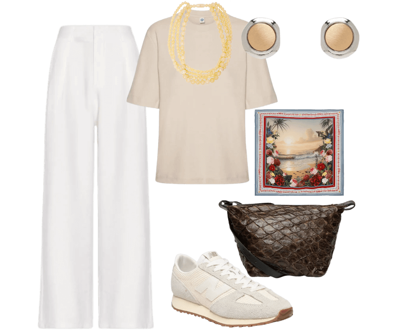 Bolsa Feminina Bakare Large Color Marrom Osklen ; Calça Feminina Slim Com Pregas Off White Basiq ; Colar Feminino Mia Bege Le Lis ; Tênis Feminino 471 Off White New Balance ; Lenço Scarf Beach Roses Off White Triya ; Blusa Feminina Meia Malha Bege Hering ; Brinco Feminino Metal Misto Escovado Dourado Basiq