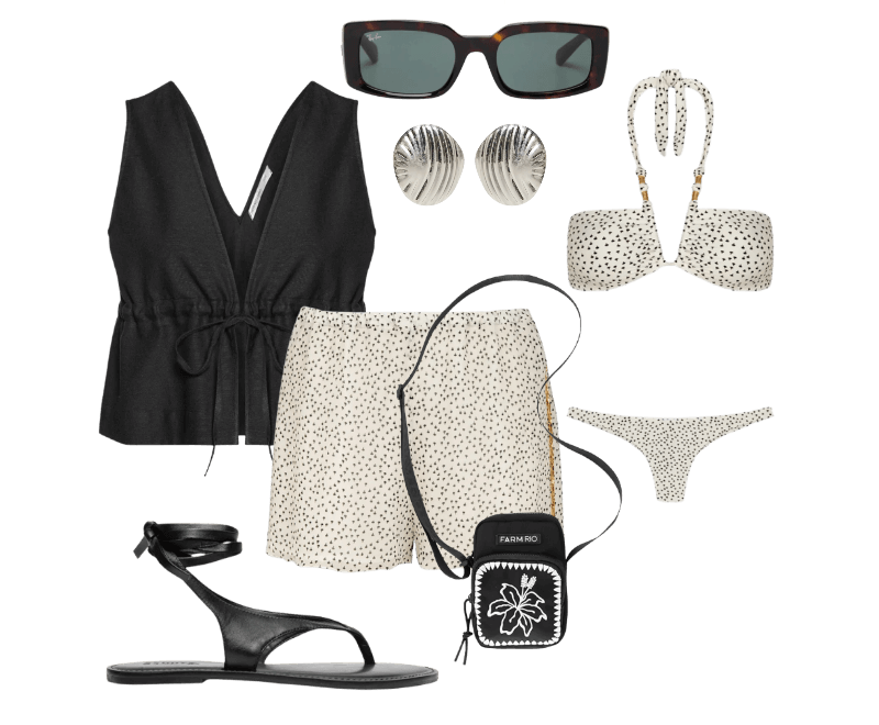 Sandália Feminina Salto Rasteiro Preto Schutz ; Short Feminino Tancy Detalhe Branco Vix ; Biquini Carol Paula Branco Vix ; Bolsa Feminina Da Gema Hibisco Preto Farm Etc ; Brinco Feminino Texturizado Em Metal Fosco Prateado '2Essential ; Blusa Feminina Decote V Com Linho Preto Hering  ; Óculos De Sol Unissex Sol Kiliane Bio-Based Marrom Ray-ban