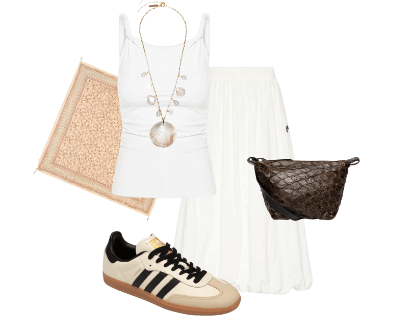 Bolsa Feminina Bakare Large Color Marrom Osklen ; Tênis Unissex Samba OG Bege Adidas Originals ; Regata Feminina Drapeada Branco Basiq ; Saia Windrunner Branco Nike ; Colar Feminino Madrepérolas Laguna Off White Dress To