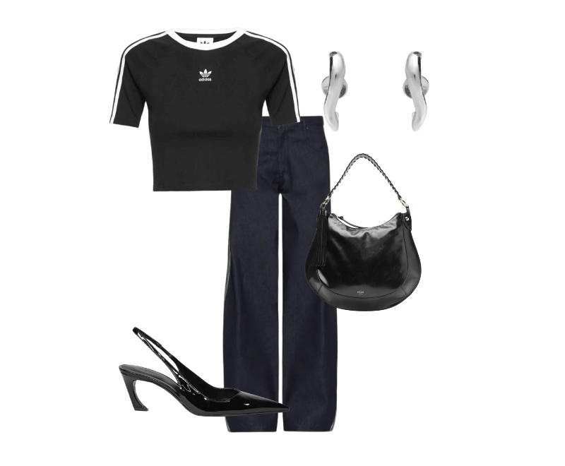 Scarpin Slingback Lexi Sling Mid Preto Schutz ; Brinco Feminino New Organic Bold Prata Andressa Delamuta ; Bolsa Feminina Hobo Grande Barbicacho Preto Arezzo ; Calça Feminina Denim Azul Adidas Originals ; Camiseta Feminina Cropped 3 Stripes Preto Adidas Originals