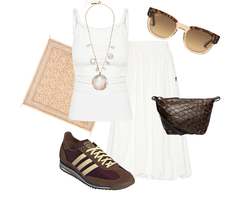 Óculos De Sol Feminino Mega Hawkeye Marrom Ray-ban ; Bolsa Feminina Bakare Large Color Marrom Osklen ; Regata Feminina Drapeada Branco Basiq ; Saia Windrunner Branco Nike ; Colar Feminino Madrepérolas Laguna Off White Dress To ; Tênis Unissex SL 72 Og Marrom Adidas Originals