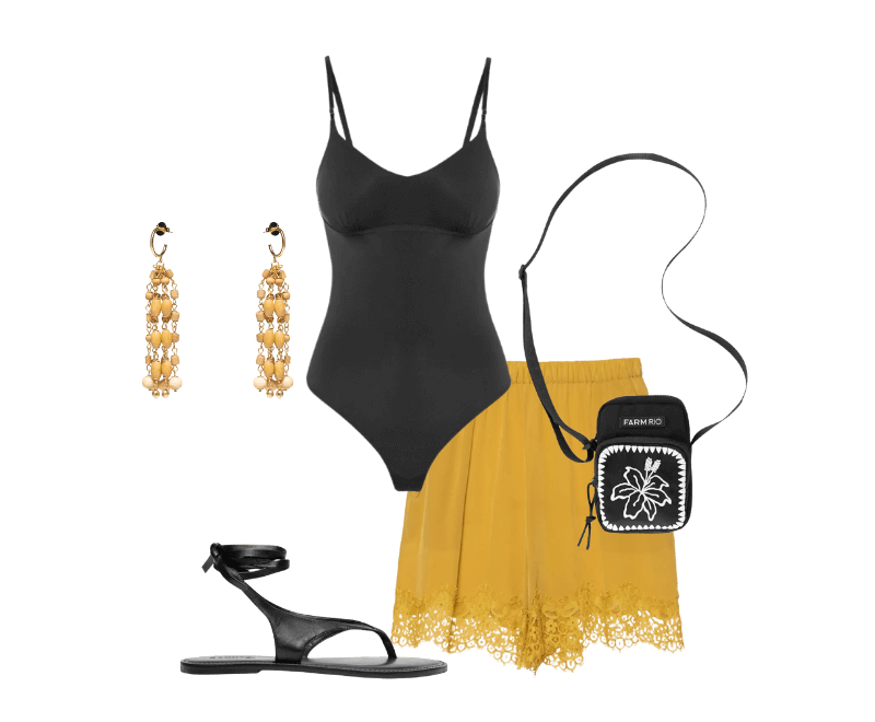 Sandália Feminina Salto Rasteiro Preto Schutz ; Body Franzido Micro Intense Power Preto Calvin Klein Underwear ; Short Feminino Tipo Slip Com Renda Amarelo Animale ; Bolsa Feminina Da Gema Hibisco Preto Farm Etc ; Brinco Feminino Som Do Mar Madeirinhas Bege Dress To