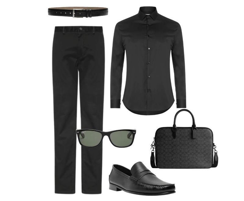 Calça Masculina Reta Essential Core Denton Preto Tommy Hilfiger ; Óculos De Sol Unissex New Wayfare Classic Preto Ray-ban ; Cinto Masculino Casual Em Couro Legítimo Preto '2 Essential ; Pasta Unissex Gotham Sim Signature Preto Coach ; Camisa Masculina Social Manga Longa Tecnológico Premium Preto '2 Essential ; Sapato Masculino Penny Loafer Couro Legítimo Preto '2 Essential