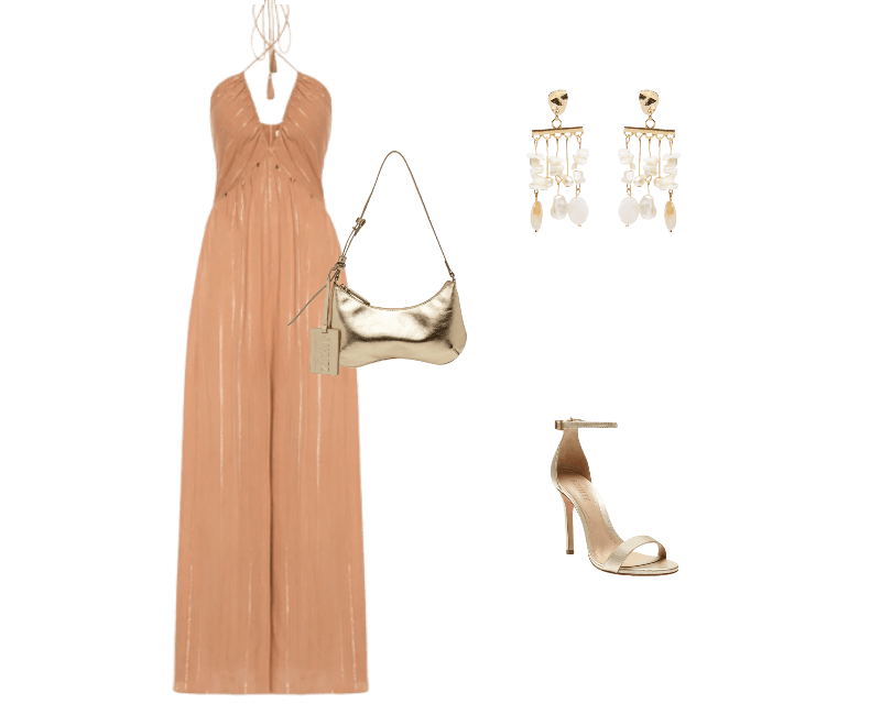 Macacão Feminino Luréx Busto Franzido Marrom Dress To ; Brinco Feminino Madrepérolas Laguna Off White Dress To ; Sandália Feminina Isabelli Couro Dourado Schutz ; Bolsa Feminina Média Stellare Tecno Dourado Schutz