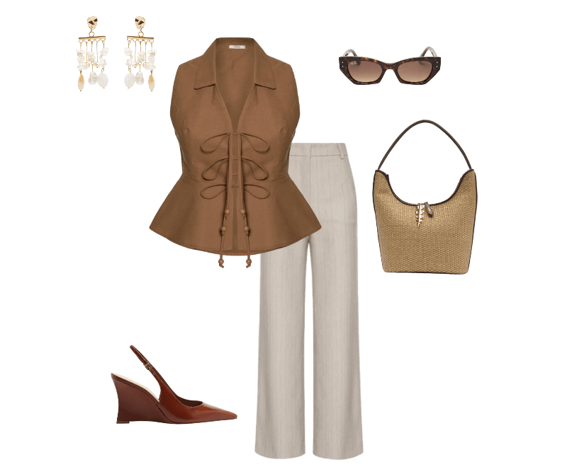 Óculos Feminino Zena Bio-Based Marrom Ray-ban ; Brinco Feminino Madrepérolas Laguna Off White Dress To ; Calça Feminina Aurora Bege Le Lis ; Bolsa Feminina Hobo Bege Palha Grande Bege Arezzo + Lenny Niemeyer ; Scarpin Slingback Anabela Couro Salto Alto Marrom Arezzo ; Blusa Feminina Peplum Amarração Marrom Cacay