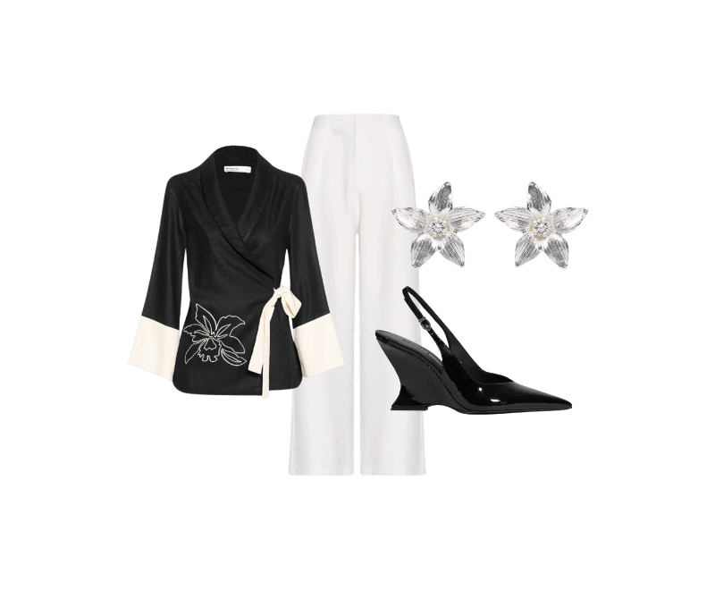 Brinco Feminino Lírio Prateado Market 33 ; Calça Feminina Slim Com Pregas Off White Basiq ; Kimono Feminino Linho Bordado Floral Preto Dress To ; Sandália Feminina Siena Buckle Verniz Preto Schutz