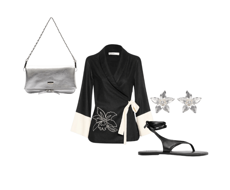 Sandália Feminina Salto Rasteiro Preto Schutz ; Brinco Feminino Lírio Prateado Market 33 ; Kimono Feminino Linho Bordado Floral Preto Dress To ; Bolsa Feminina Tiracolo Couro Média Dobrável Prateado Arezzo