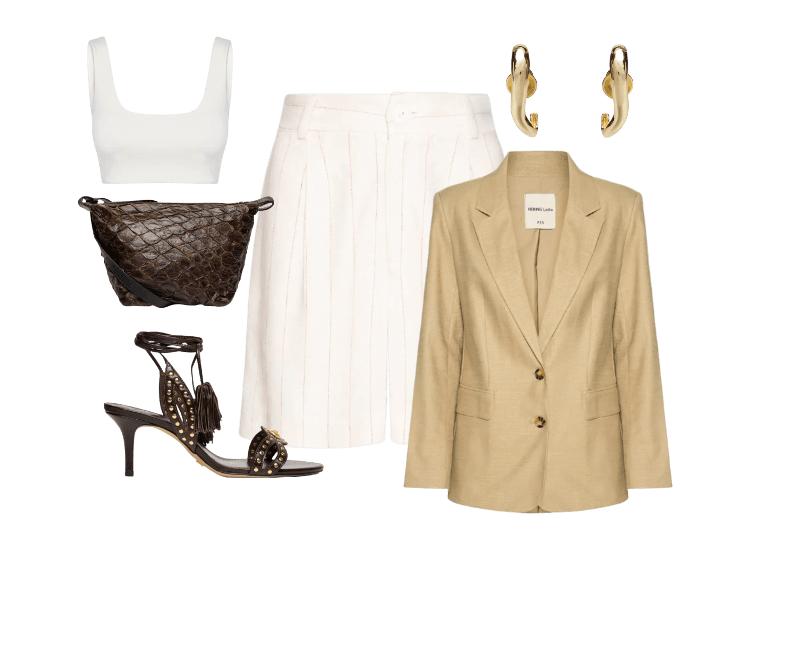 Bolsa Feminina Bakare Large Color Marrom Osklen ; Blazer Feminino Bege Hering ; Sandália Feminina Salto Cracked Marrom Vicenza ; Top Feminino Off White Hering Sports ; Brinco Feminino New Organic Bold Dourado Andressa Delamuta ; Bermuda Feminina Alf Linho Padrão Listra Pulsar Off White Cantão