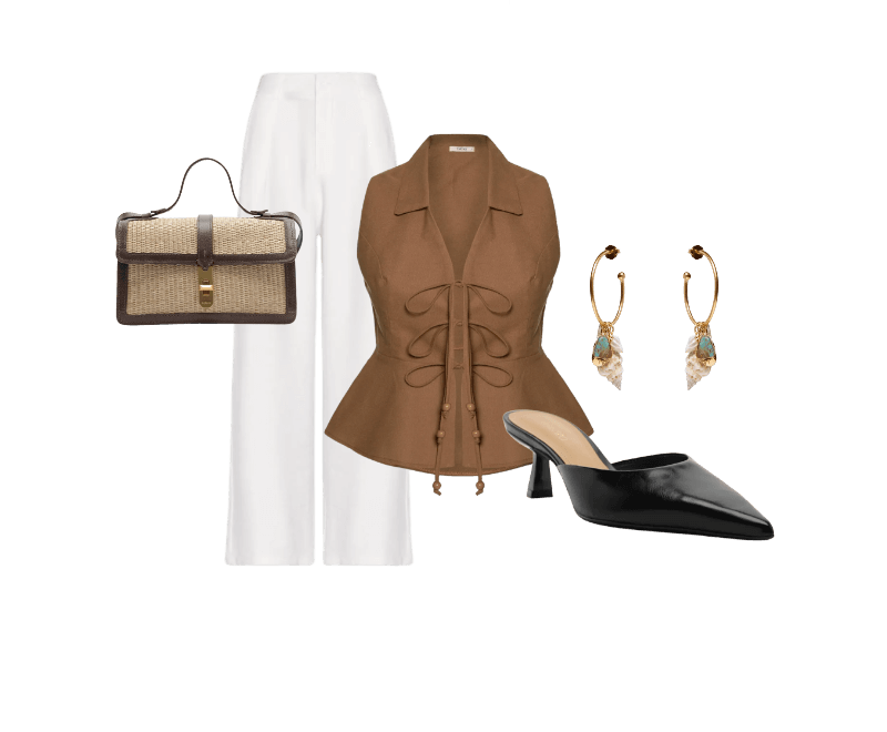 Brinco Feminino Conchas Marés Dourado Dress To ; Calça Feminina Slim Com Pregas Off White Basiq ; Bolsa Feminina Tiracolo Natural Palha Bege Arezzo ; Mule Feminino Salto Médio Fino Preto Arezzo ; Blusa Feminina Peplum Amarração Marrom Cacay