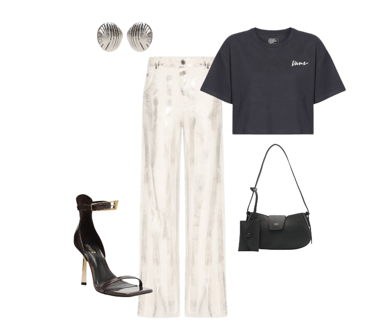 Bolsa Feminina Tiracolo Pequena Preto Arezzo ; Calça Feminina Jeans Boot 70s Foil Metalizada Off White Animale Jeans ; Camiseta Feminina Classic Spirit Preto Vans ; Sandália Feminina Ciara Couro Marrom Schutz ; Brinco Feminino Texturizado Em Metal Fosco Prateado '2Essential