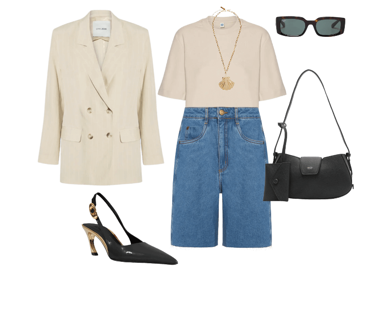 Bolsa Feminina Tiracolo Pequena Preto Arezzo ; Colar Feminino Medalha Vieira De Palha Dourado Dress To ; Bermuda Feminina Jeans Costura Deslocada Azul Dress To ; Blazer Feminino De Alfaiataria Fio Tinto Bege Animale Jeans ; Scarpin Slingback Salto Médio Verniz Couro Preto Schutz ; Blusa Feminina Meia Malha Bege Hering ; Óculos De Sol Unissex Sol Kiliane Bio-Based Marrom Ray-ban