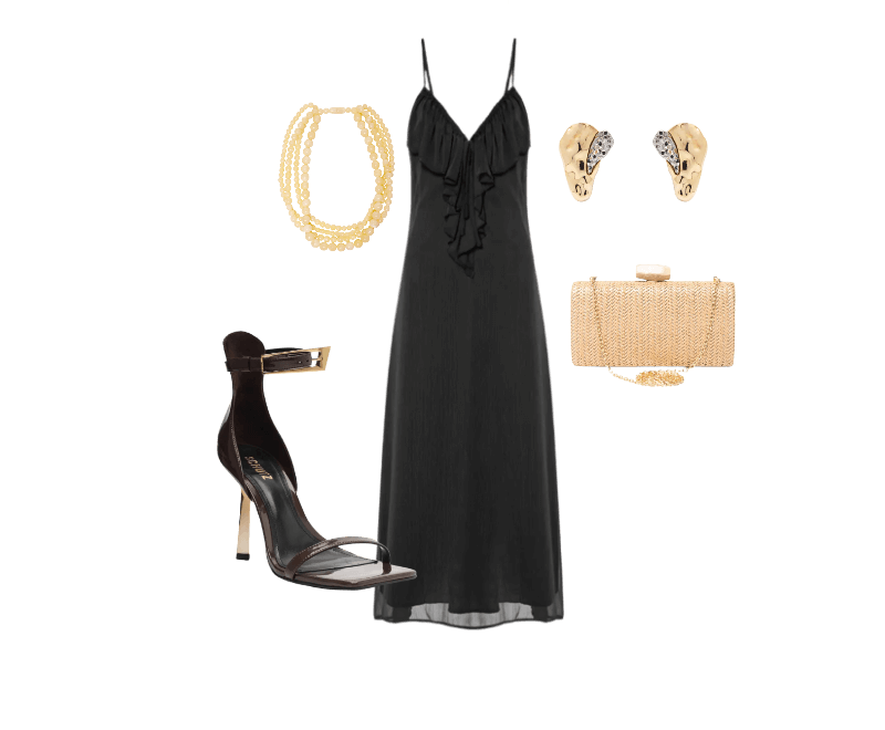 Colar Feminino Mia Bege Le Lis ; Bolsa Feminina Clutch Em Palha Bege Basiq ; Vestido Midi Com Babado Preto Market 33 ; Sandália Feminina Ciara Couro Marrom Schutz ; Brinco Feminino Gota Orgânica + Druza Metal Fixo Duo Ouro Mix Dourado D'santis Joias