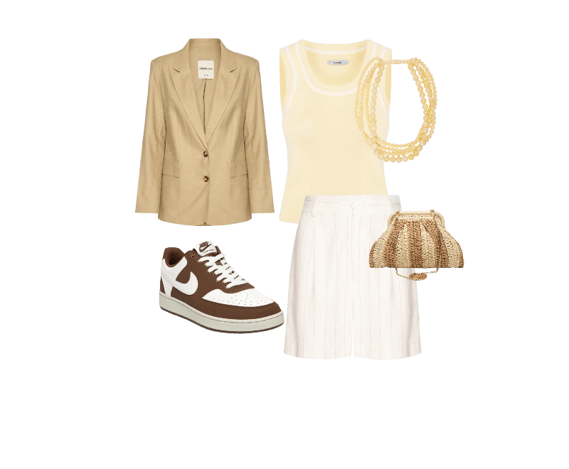 Tênis Unissex Court Vision Low Marrom Nike ; Colar Feminino Mia Bege Le Lis ; Bolsa Feminina De Palha Bicolor Bege Market 33 ; Blazer Feminino Bege Hering ; Regata Feminina Tricot Bicolor Amarelo Basiq ; Bermuda Feminina Alf Linho Padrão Listra Pulsar Off White Cantão