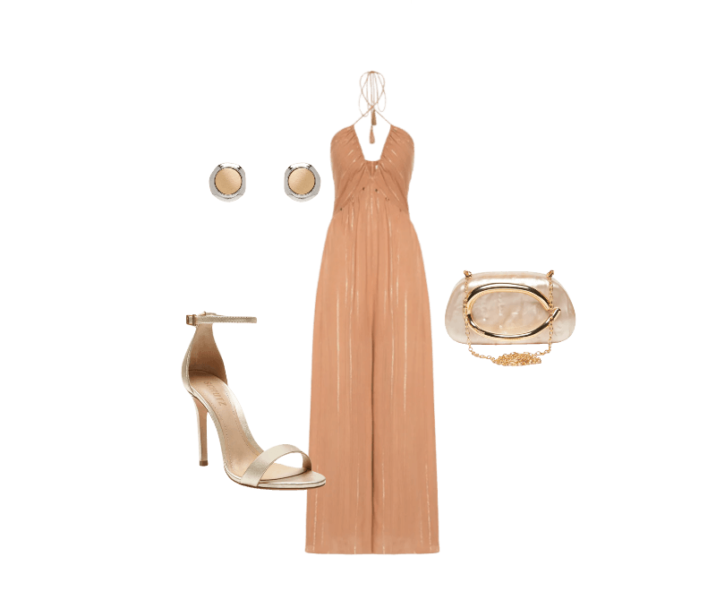 Macacão Feminino Luréx Busto Franzido Marrom Dress To ; Sandália Feminina Isabelli Couro Dourado Schutz ; Bolsa Feminina Clutch Perolada Com Detalhe Orgânico Metalizado Bege Market 33 ; Brinco Feminino Metal Misto Escovado Dourado Basiq