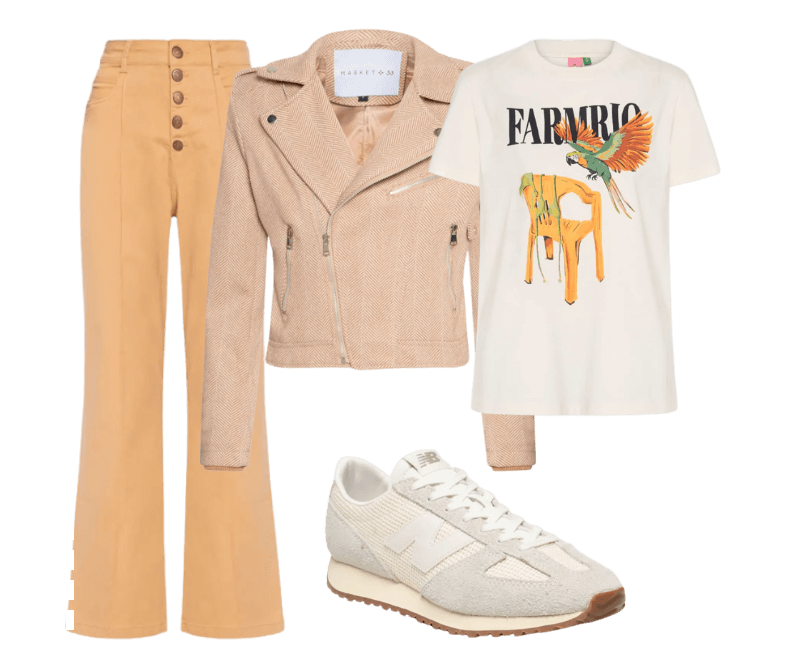 Casaqueto Feminino Com Zíper Diagonal Bege Market 33 ; Tênis Feminino 471 Off White New Balance ; Camiseta Feminina Fit Cadeira E Biquini Off White Farm ; Calça Feminina Sarja Color Cropped Bege Dress To
