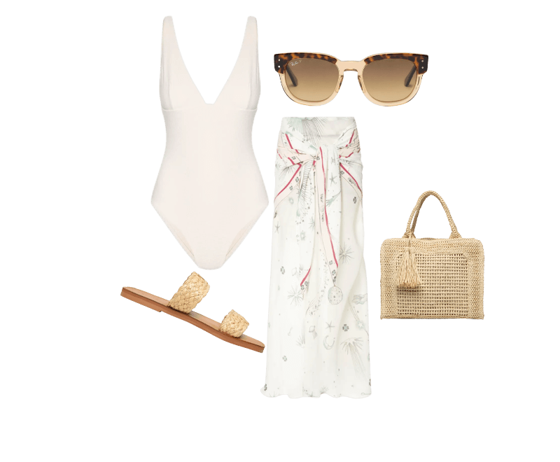 Óculos De Sol Feminino Mega Hawkeye Marrom Ray-ban ; Maiô Alça Reta Saint Tropez Off White Body For Sure ; Saia Longa Fig Aqua Astral Off White Animale ; Sandália Feminina Salto Rasteiro Bege Schutz ; Bolsa Feminina Tiracolo de Palha Bege Basiq