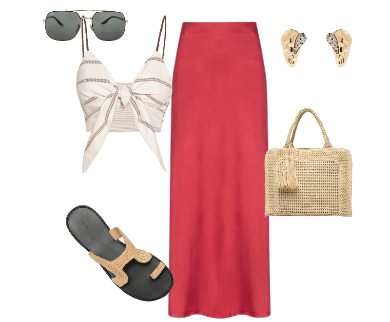 Bolsa Feminina Tiracolo de Palha Bege Basiq ; Sandália Feminina Calçadão Ráfia Bege Osklen ; Top Cropped Double Off White Lança Perfume ; Óculos De Sol Unissex Dourado Ray-ban ; Brinco Feminino Gota Orgânica + Druza Metal Fixo Duo Ouro Mix Dourado D'santis Joias ; Saia Feminina Longa Evasê Vermelho '2Essential