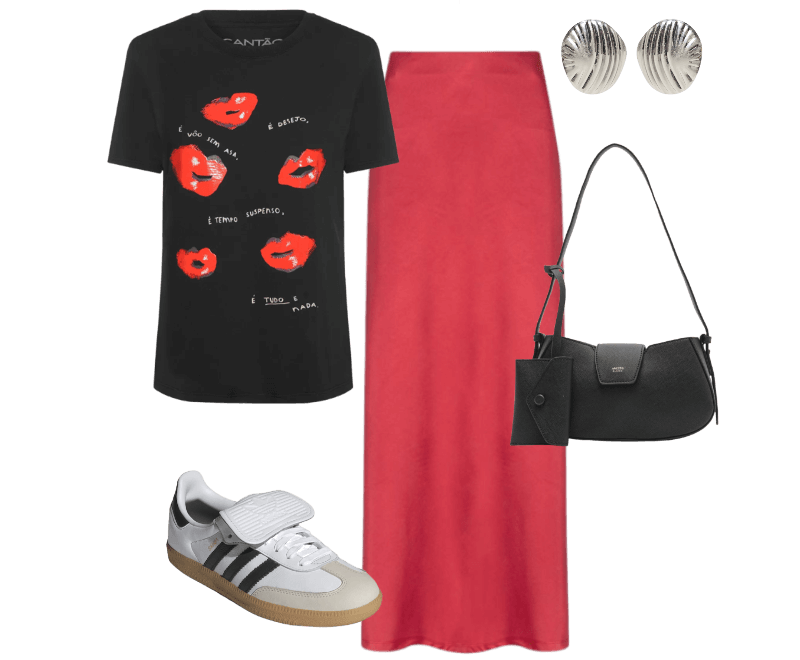 Bolsa Feminina Tiracolo Pequena Preto Arezzo ; Tênis Feminino Samba Lt Branco Adidas Originals ; Camiseta Feminina Classic Desejo Preto Cantão ; Brinco Feminino Texturizado Em Metal Fosco Prateado '2Essential ; Saia Feminina Longa Evasê Vermelho '2Essential