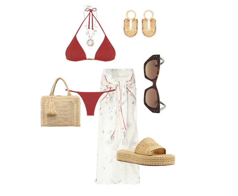 Óculos Feminino Zena Bio-Based Marrom Ray-ban ; Saia Longa Fig Aqua Astral Off White Animale ; Biquíni Tri Vermelho Vix ; Brinco Feminino Veranil Palha Bege Dress To ; Colar Feminino Madrepérolas Laguna Off White Dress To ; Bolsa Feminina Tiracolo de Palha Bege Basiq ; Sandália Feminina Tamanco Palha Natural Flatform Tira Emma Bege Arezzo
