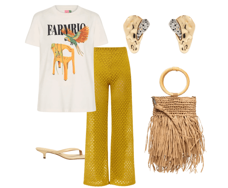 Calça Feminina Arabela Amarelo Triya ; Camiseta Feminina Fit Cadeira E Biquini Off White Farm ; Bolsa Feminina De Palha Com Franjas Bege Mktbeach ; Sandália Feminina Grease Bege Luiza Barcelos ; Brinco Feminino Gota Orgânica + Druza Metal Fixo Duo Ouro Mix Dourado D'santis Joias