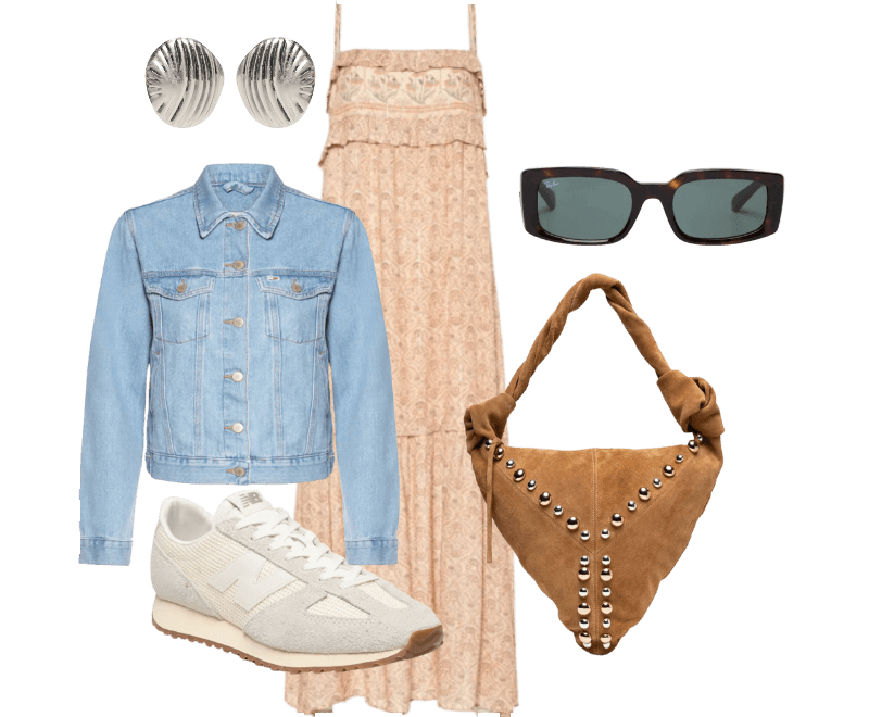 Jaqueta Feminina Classic Trucker Jacket BI8110 Azul Tommy Jeans ; Vestido Babados Estampa Florish Bege Maria Filó ; Tênis Feminino 471 Off White New Balance ; Brinco Feminino Texturizado Em Metal Fosco Prateado '2Essential ; Bolsa Feminina Grande Camurça Marrom Vicenza + Iorane  ; Óculos De Sol Unissex Sol Kiliane Bio-Based Marrom Ray-ban