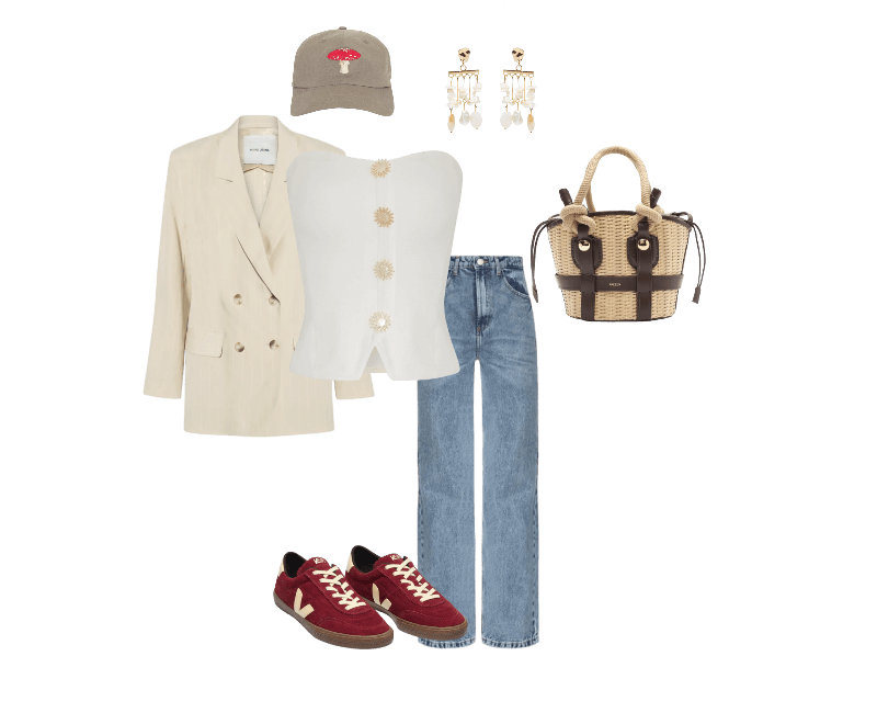 Tênis Feminino Panenka Suede Vermelho Veja ; Bolsa Feminina Tiracolo Pequena Palha Bege Arezzo + Lenny Niemeyer ; Boné Feminino Cogumelo Verde Triya ; Blusa Feminina Corselet Lunar Branco Triya ; Brinco Feminino Madrepérolas Laguna Off White Dress To ; Calça Feminina Jeans Azul Hering ; Blazer Feminino De Alfaiataria Fio Tinto Bege Animale Jeans