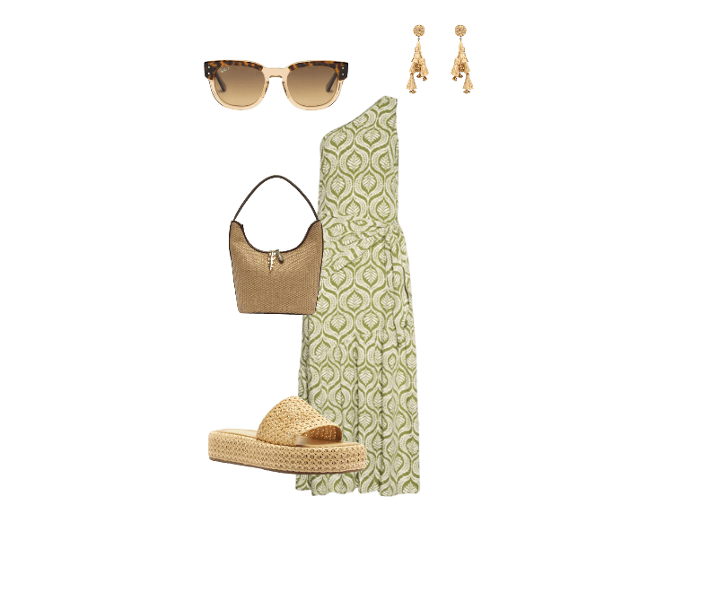 Óculos De Sol Feminino Mega Hawkeye Marrom Ray-ban ; Vestido Midi Crepe Estampa Jardim Verde Dress To ; Brinco Feminino Palha Verdejar Bege Dress To ; Sandália Feminina Tamanco Palha Natural Flatform Tira Emma Bege Arezzo ; Bolsa Feminina Hobo Bege Palha Grande Bege Arezzo + Lenny Niemeyer