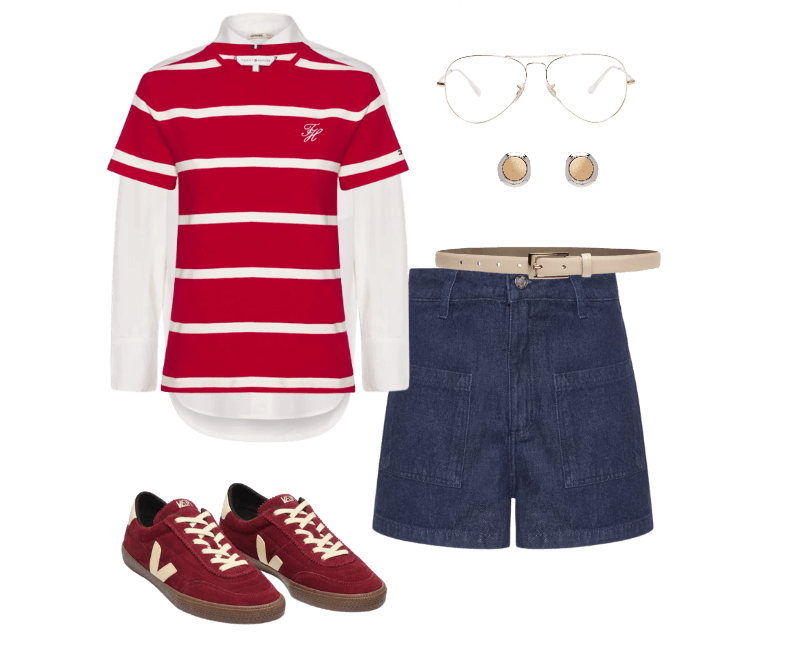 Short Feminino Jeans Mom Super High Azul My Favorite ; Tênis Feminino Panenka Suede Vermelho Veja ; Camiseta Feminina Script Reg Vermelho Tommy Hilfiger ; Camisa Feminina Manga Longa Off White Hering ; Cinto Feminino Em Couro Com Fivela Quadrada Off White Basiq ; Brinco Feminino Metal Misto Escovado Dourado Basiq ; Ray ban