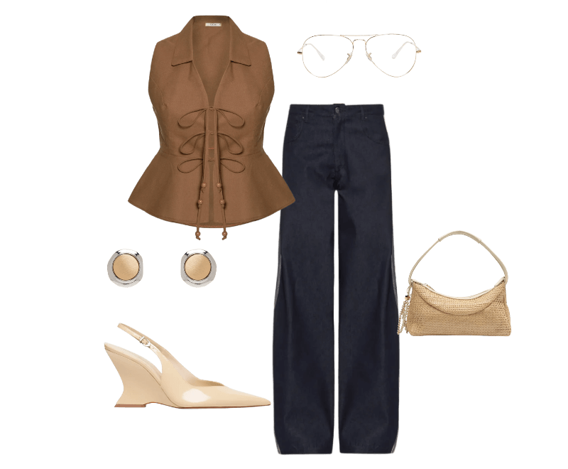 Bolsa Feminina Ráfia Bege Arezzo + Isla ; Sandália Feminina Siena Buckle Verniz Bege Schutz ; Brinco Feminino Metal Misto Escovado Dourado Basiq ; Ray ban  ; Calça Feminina Denim Azul Adidas Originals ; Blusa Feminina Peplum Amarração Marrom Cacay