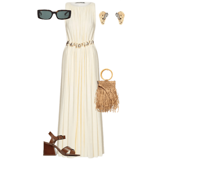 Sandália Feminina Daisy Salto Bloco Couro Marrom Schutz ; Bolsa Feminina De Palha Com Franjas Bege Mktbeach ; Vestido Longo Sem Manga Bege Lança Perfume ; Brinco Feminino Gota Orgânica + Druza Metal Fixo Duo Ouro Mix Dourado D'santis Joias ; Óculos De Sol Unissex Sol Kiliane Bio-Based Marrom Ray-ban