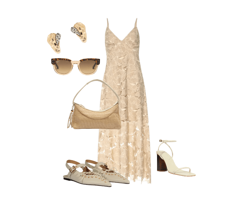 Óculos De Sol Feminino Mega Hawkeye Marrom Ray-ban ; Bolsa Feminina Ráfia Bege Arezzo + Isla ; Sandália Feminina Bloco Andy Couro Branco Schutz + Nati Vozza ; Sapatilha Feminina Sabrine Couro Branco Schutz ; Vestido Mel Bege Le Lis ; Brinco Feminino Gota Orgânica + Druza Metal Fixo Duo Ouro Mix Dourado D'santis Joias