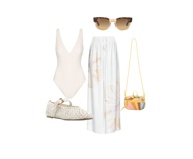 Óculos De Sol Feminino Mega Hawkeye Marrom Ray-ban ; Maiô Alça Reta Saint Tropez Off White Body For Sure ; Bolsa Feminina Chuchu Paisagem Carioca Amarelo Farm Etc ; Sapatilha Bordada Vazada Fivela Branco Arezzo ; Calça Feminina Pantalona Perola Do Mar Off White Farm