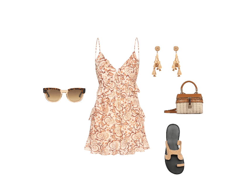 Óculos De Sol Feminino Mega Hawkeye Marrom Ray-ban ; Vestido Curto Luréx Estampa Suspiro Bege Dress To ; Brinco Feminino Palha Verdejar Bege Dress To ; Bolsa Feminina Lorena Picnic Mini Couro Bege Schutz ; Sandália Feminina Calçadão Ráfia Bege Osklen