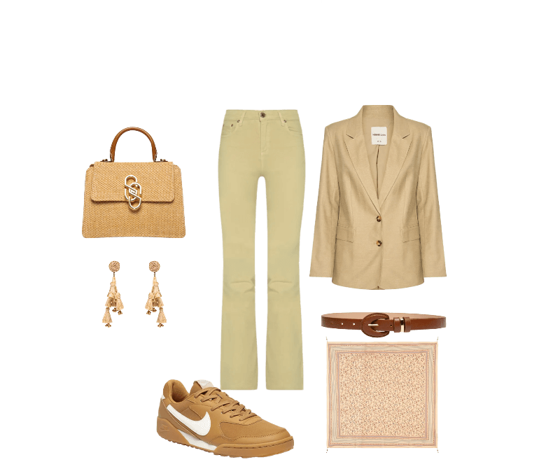 Bolsa Feminina Média Tiracolo Ráfia Bege Schutz ; Calça Feminina Sarja Boot Basic Midi Bege Animale Jeans ; Lenço Feminino Estampa Fleur Bege Maria Filó ; Blazer Feminino Bege Hering ; Brinco Feminino Palha Verdejar Bege Dress To ; Cinto Feminino Em Couro Com Fivela Oval Encapada Marrom Market 33 ; Tênis Feminino Terra Manta Bege Nike