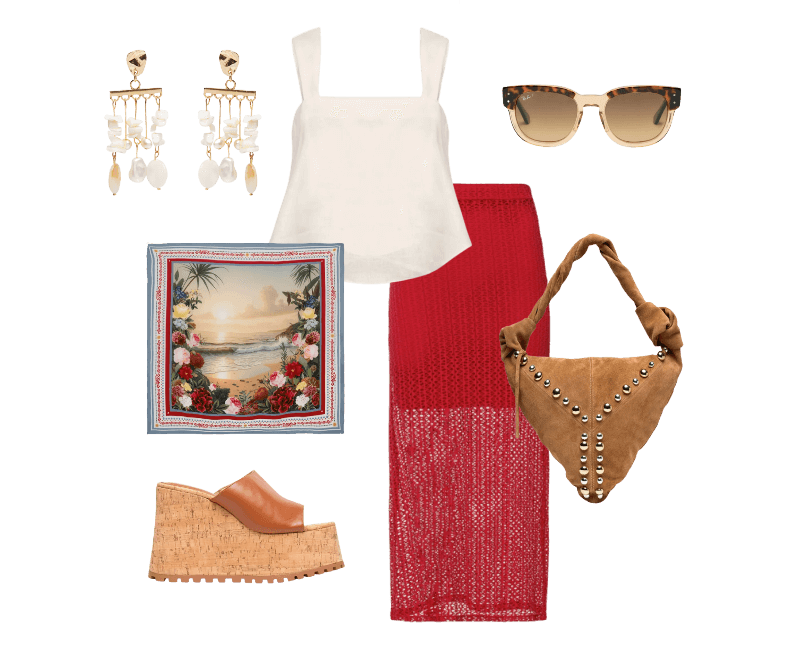 Óculos De Sol Feminino Mega Hawkeye Marrom Ray-ban ; Top Alana II Bege Le Lis ; Saia Raya Vermelho Triya ; Brinco Feminino Madrepérolas Laguna Off White Dress To ; Lenço Scarf Beach Roses Off White Triya ; Sandália Feminina Grease Bege Luiza Barcelos ; Bolsa Feminina Grande Camurça Marrom Vicenza + Iorane