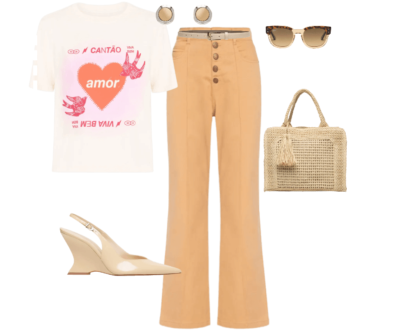 Óculos De Sol Feminino Mega Hawkeye Marrom Ray-ban ; Camiseta Feminina Box Bordada Amor Bege Cantão ; Calça Feminina Sarja Color Cropped Bege Dress To ; Bolsa Feminina Tiracolo de Palha Bege Basiq ; Cinto Feminino Em Couro Com Fivela Quadrada Off White Basiq ; Sandália Feminina Siena Buckle Verniz Bege Schutz ; Brinco Feminino Metal Misto Escovado Dourado Basiq