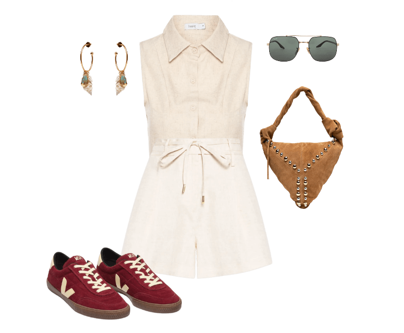 Tênis Feminino Panenka Suede Vermelho Veja ; Brinco Feminino Conchas Marés Dourado Dress To ; Colete Feminino Com Bolso Bege Basiq ; Short Feminino Alana I Bege Le Lis ; Óculos De Sol Unissex Dourado Ray-ban ; Bolsa Feminina Grande Camurça Marrom Vicenza + Iorane