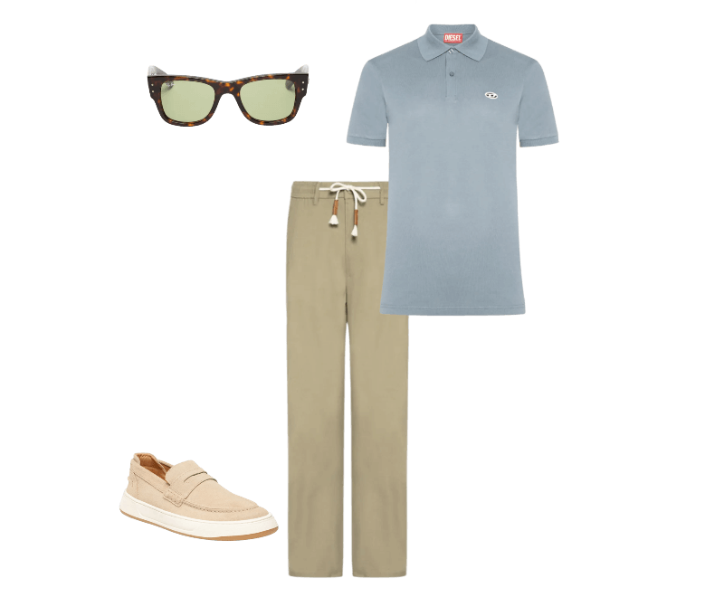 Óculos De Sol Unissex Mega Wayfarer Summer Capsule Marrom Ray-ban ; Polo Masculina T-Rejust-Doval-Pj Azul Diesel ; Calça Masculina Sarja Cós Elástico Cordão Slim Verde '2 Essential ; Mocassim Masculino Capri Bege Reserva Go