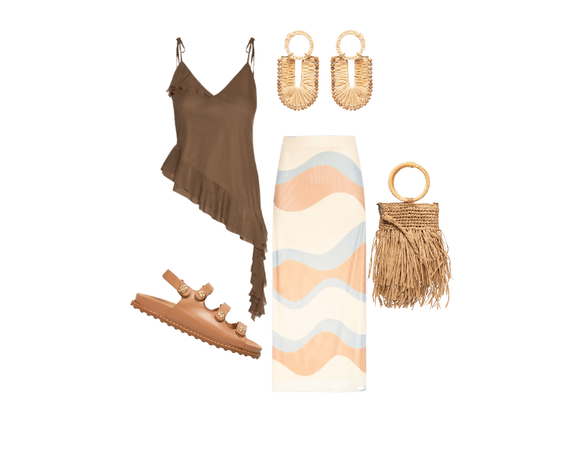 Sandália Feminina Grease Blush Bege Luiza Barcelos ; Brinco Feminino Veranil Palha Bege Dress To ; Bolsa Feminina De Palha Com Franjas Bege Mktbeach ; Saia Cropped Tule Estampa Oceano Bege Dress To ; Blusa Feminina Com Babados Marrom Market 33
