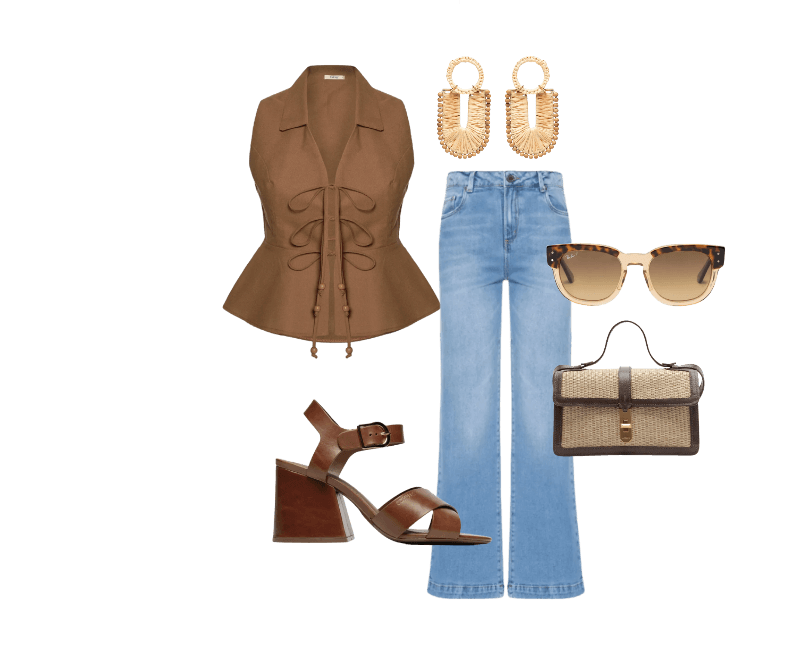 Óculos De Sol Feminino Mega Hawkeye Marrom Ray-ban ; Calça Feminina Jeans Bootcut Bigode Azul Maria Filó ; Brinco Feminino Veranil Palha Bege Dress To ; Bolsa Feminina Tiracolo Natural Palha Bege Arezzo ; Sandália Feminina Daisy Salto Bloco Couro Marrom Schutz ; Blusa Feminina Peplum Amarração Marrom Cacay