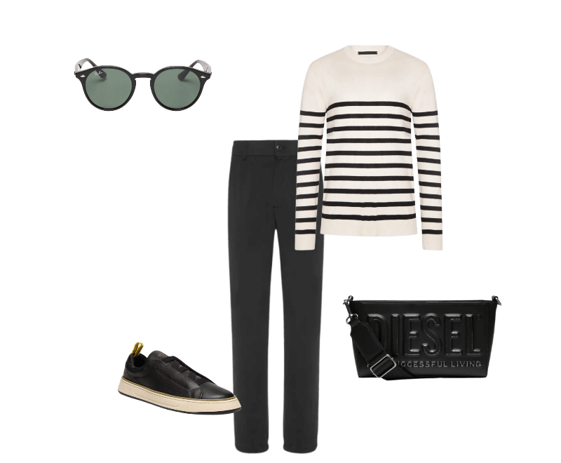 Óculos De Sol Unissex RB2180 Preto Ray-ban ; Bolsa Masculina 3D Camera Bag Preto Diesel ; Calça Masculina Alfaiataria Tech Preto '2 Essential ; Tênis Masculino Croma Senna Preto Reserva Go ; Suéter Masculino Gola Redonda Casual Off White '2 Essential