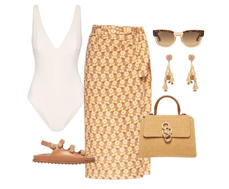Look feminino de verão para praia com body e saia estampada