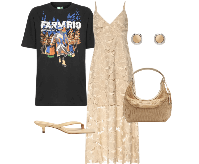 Look casual com vestido rendado e camiseta